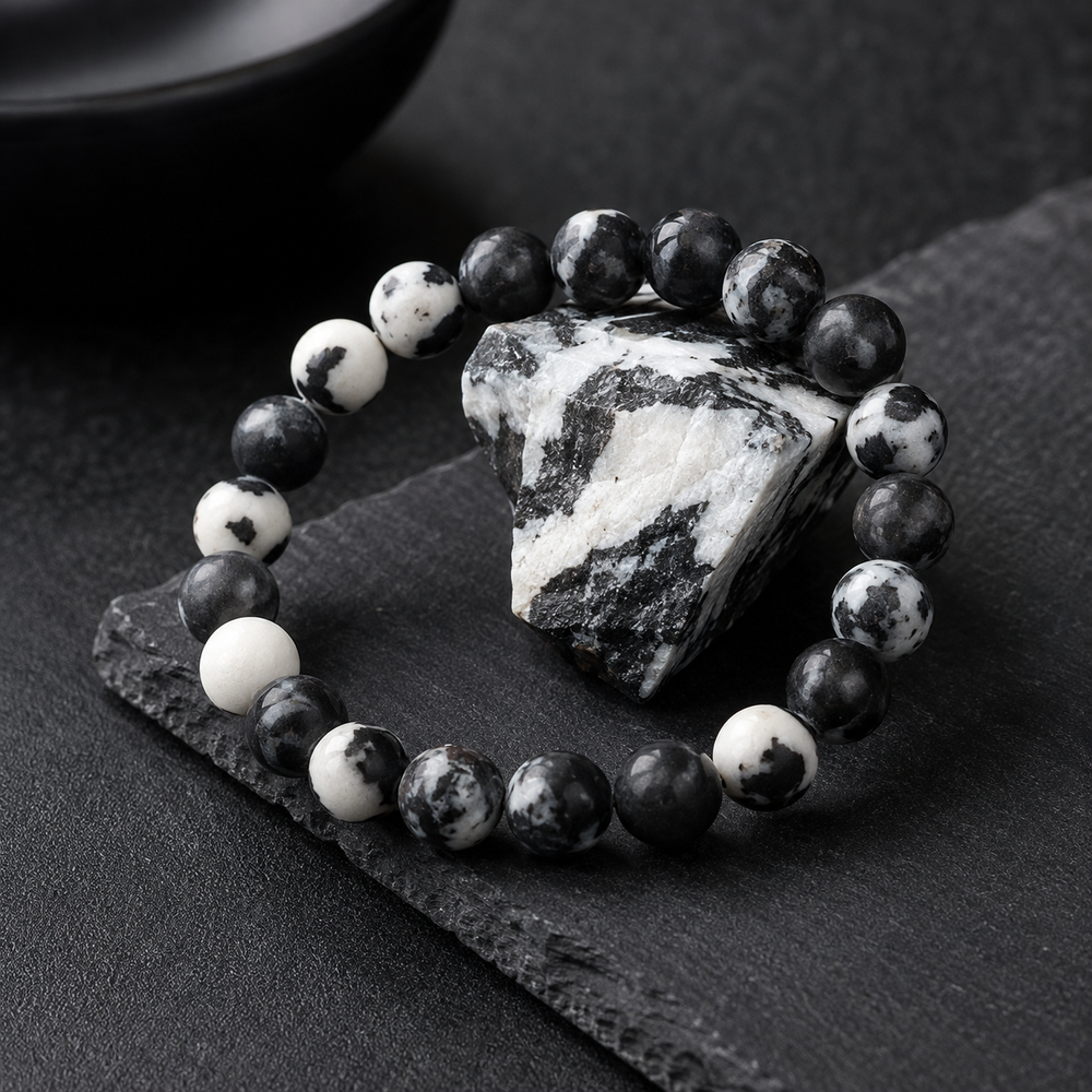 Zebra jasper bracelet on wrist for balance and grounding