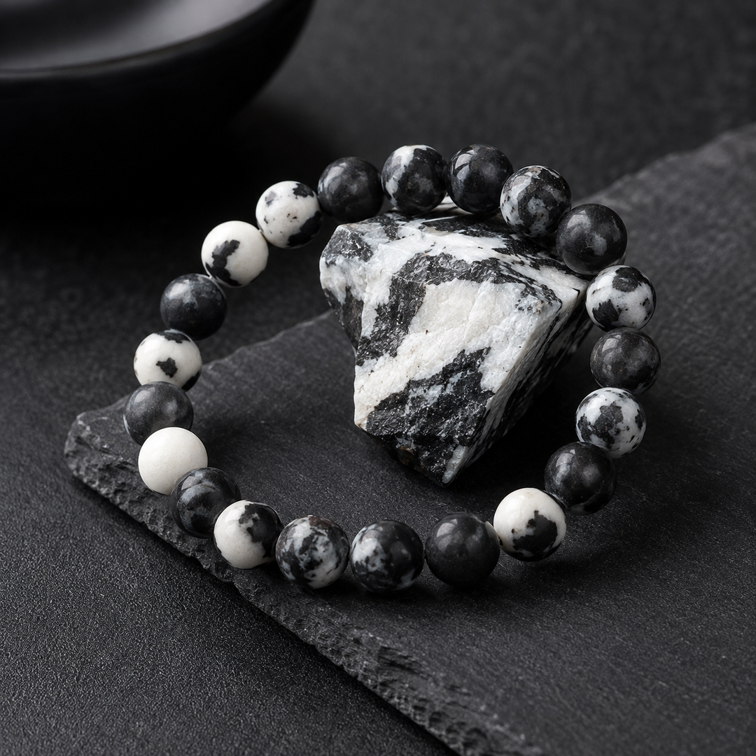 Zebra jasper bracelet on wrist for balance and grounding