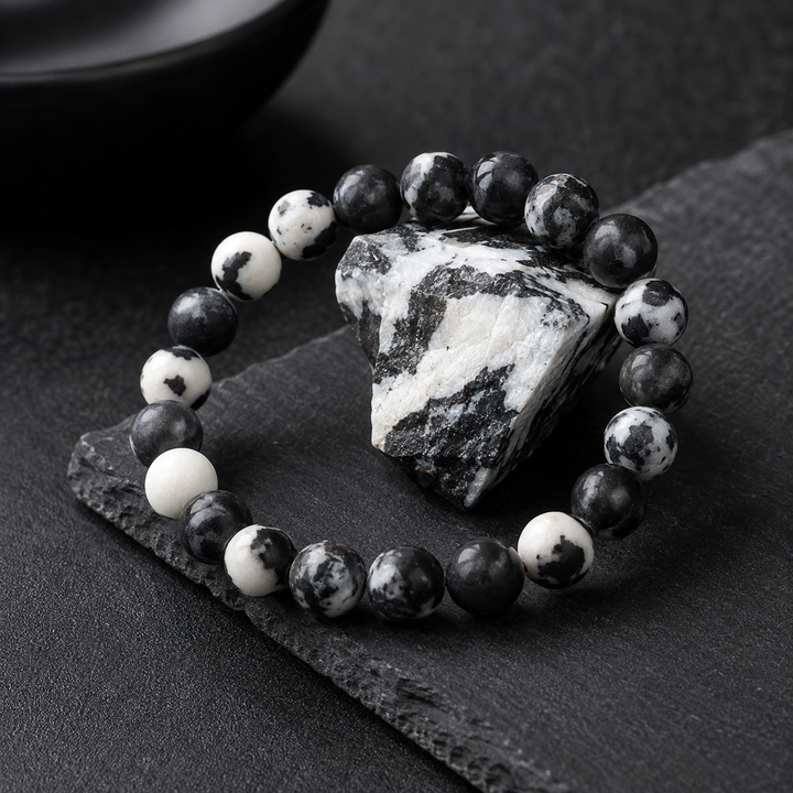 Zebra jasper bracelet on wrist for balance and grounding