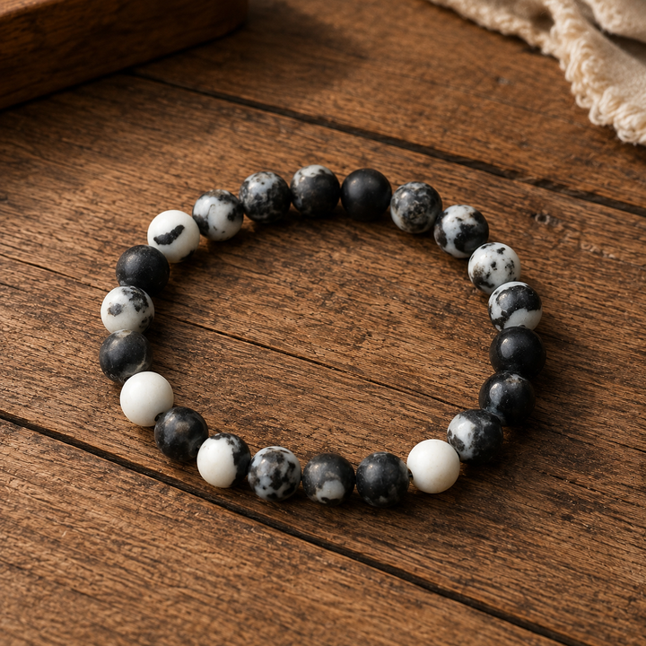Close-up of natural zebra jasper gemstone healing beads